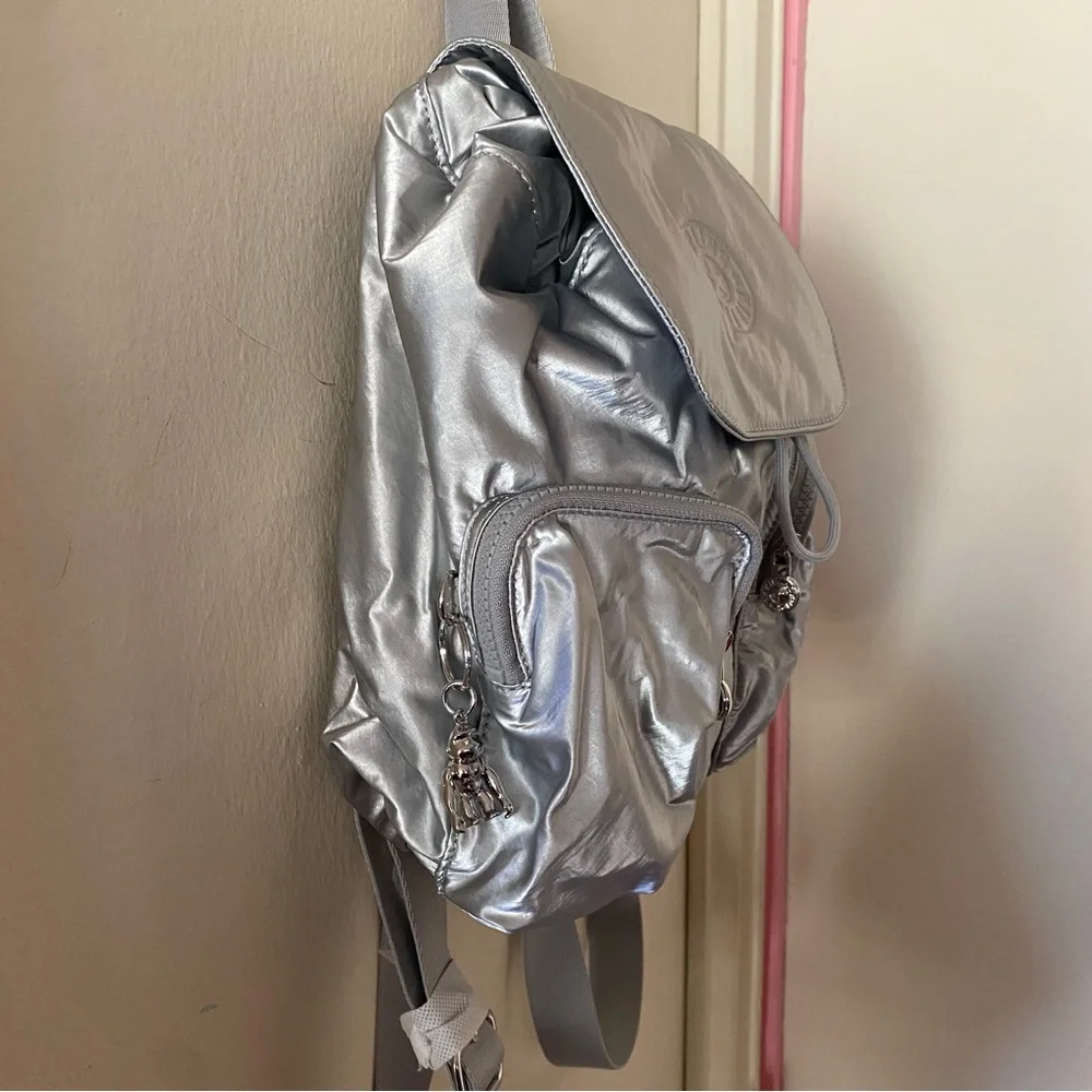 NWT Kipling Small Metallic Silver Anto Backpack with Drawstring and Pockets